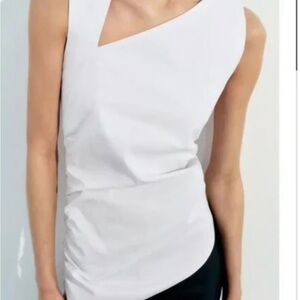 NWT Zara White Asymmetric Neckline Ruched Side Sleeveless Top US Small